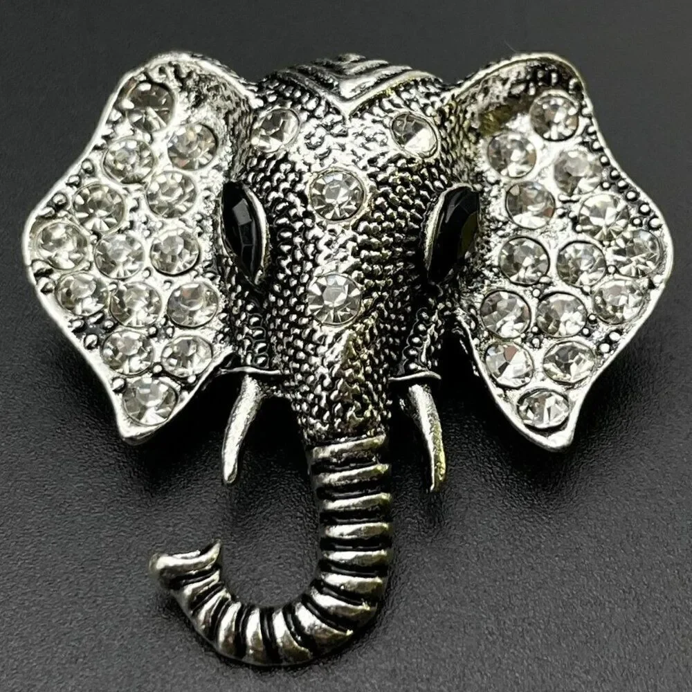 Silver with White Diamond and Black Onyx Crystal Elephant Pin Back Brooch